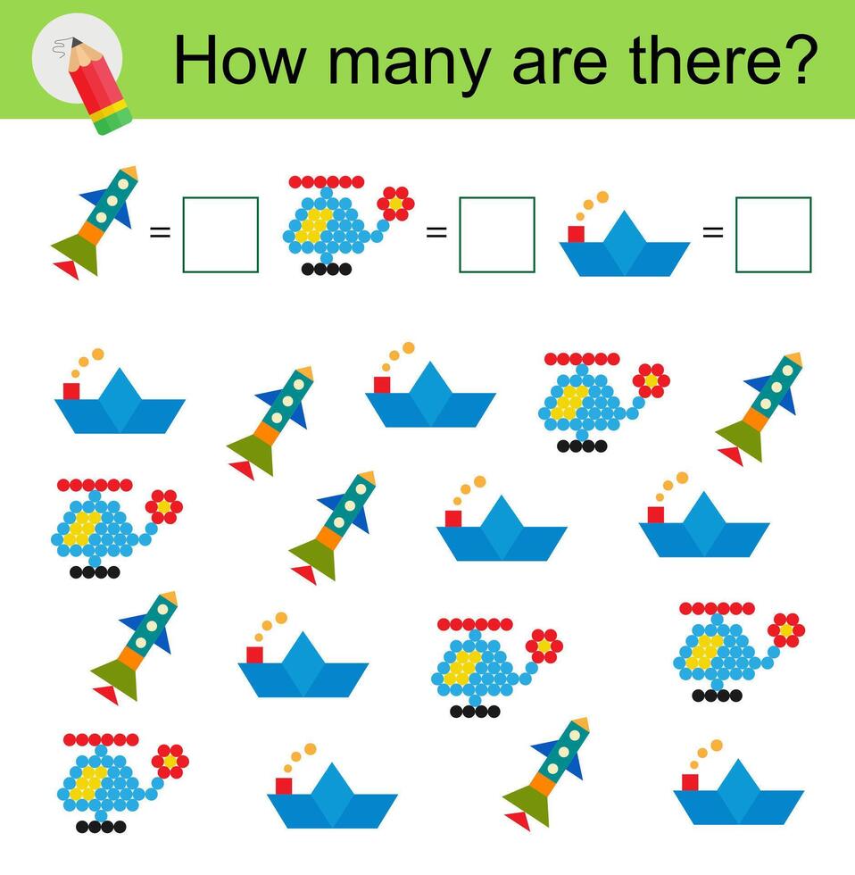 Math activity for kids. Developing numeracy skills. Cartoon transports. vector