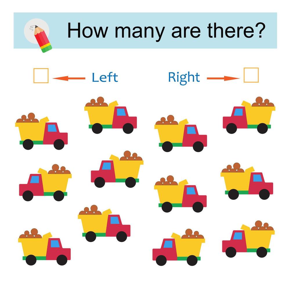 Math activity for kids. Developing numeracy skills. Cartoon dump truck. vector