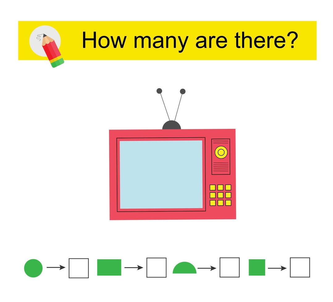 Math activity for kids. How many geometric shapes Cartoon TV, retro. vector