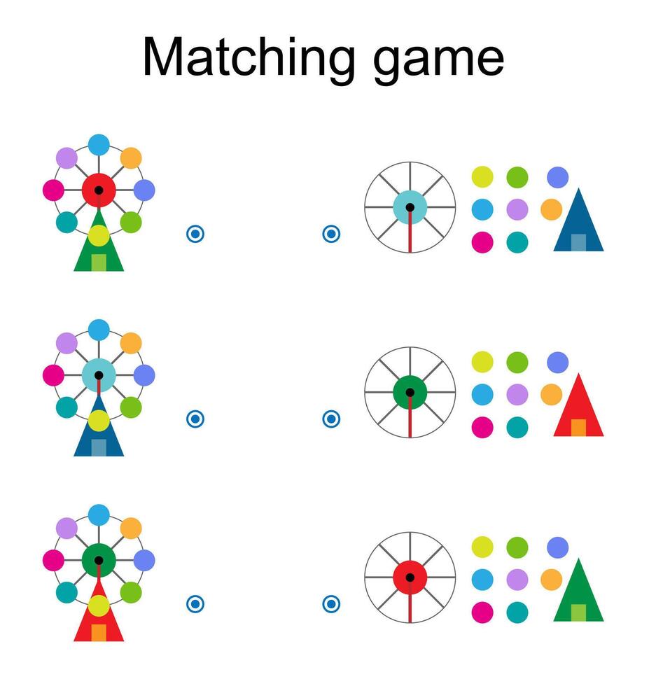 Matching game for kids. Find the correct color of cartoon Ferris wheel and match. vector