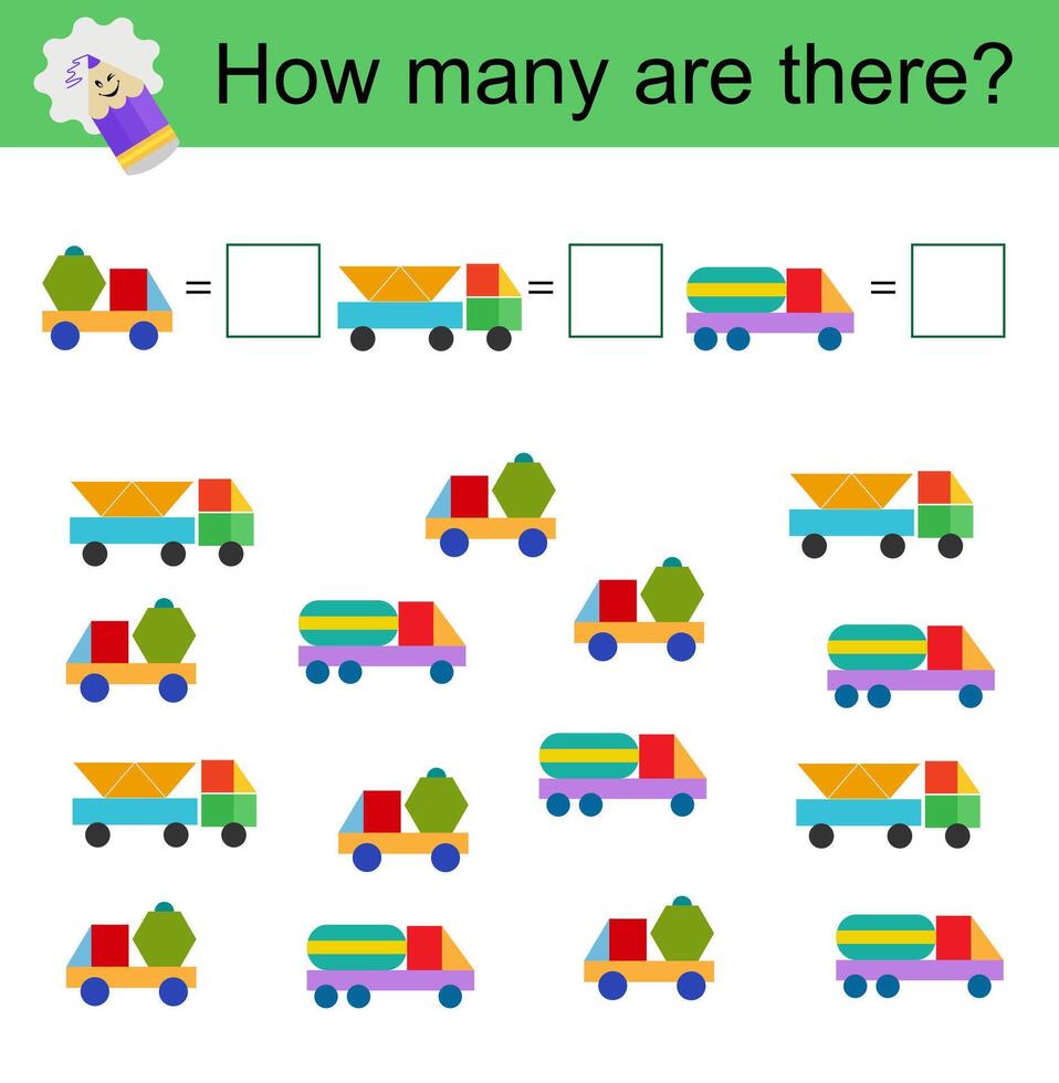 Math activity for kids. Developing numeracy skills. Cartoon trucks. vector