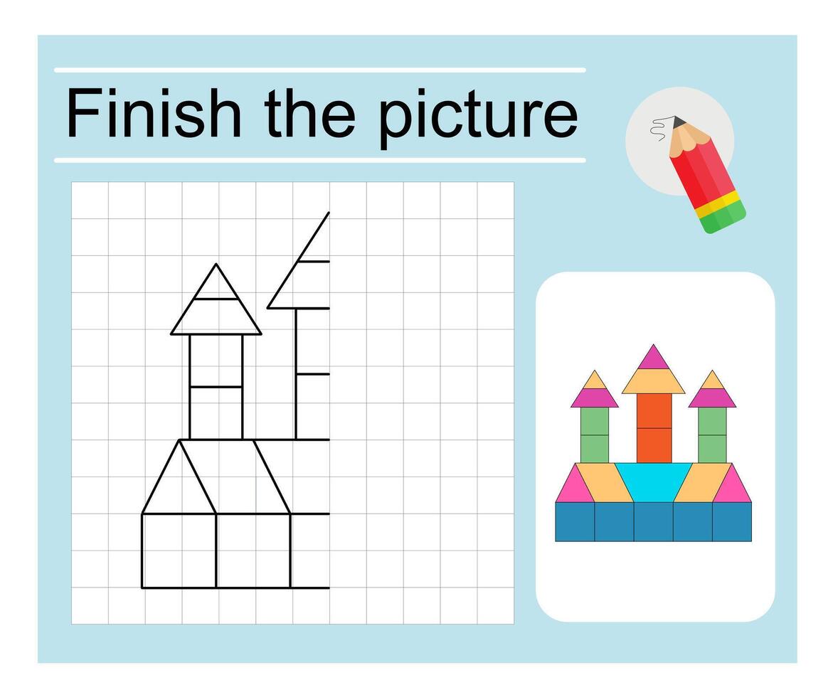 Logic game for children. Finish the picture - cartoon fortress. Coloring page. vector