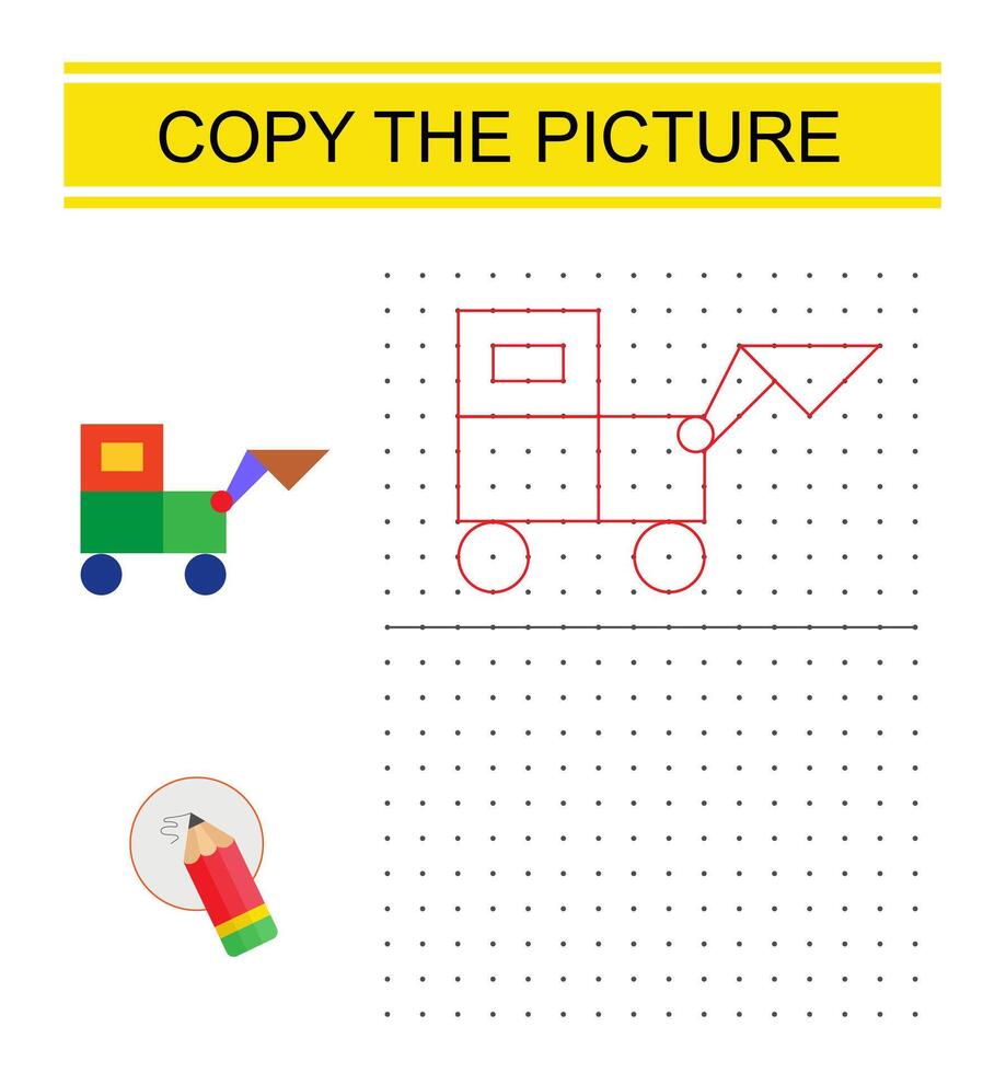 Copy the cartoon excavator picture by connecting the dot. Dot to dot copy practice. vector