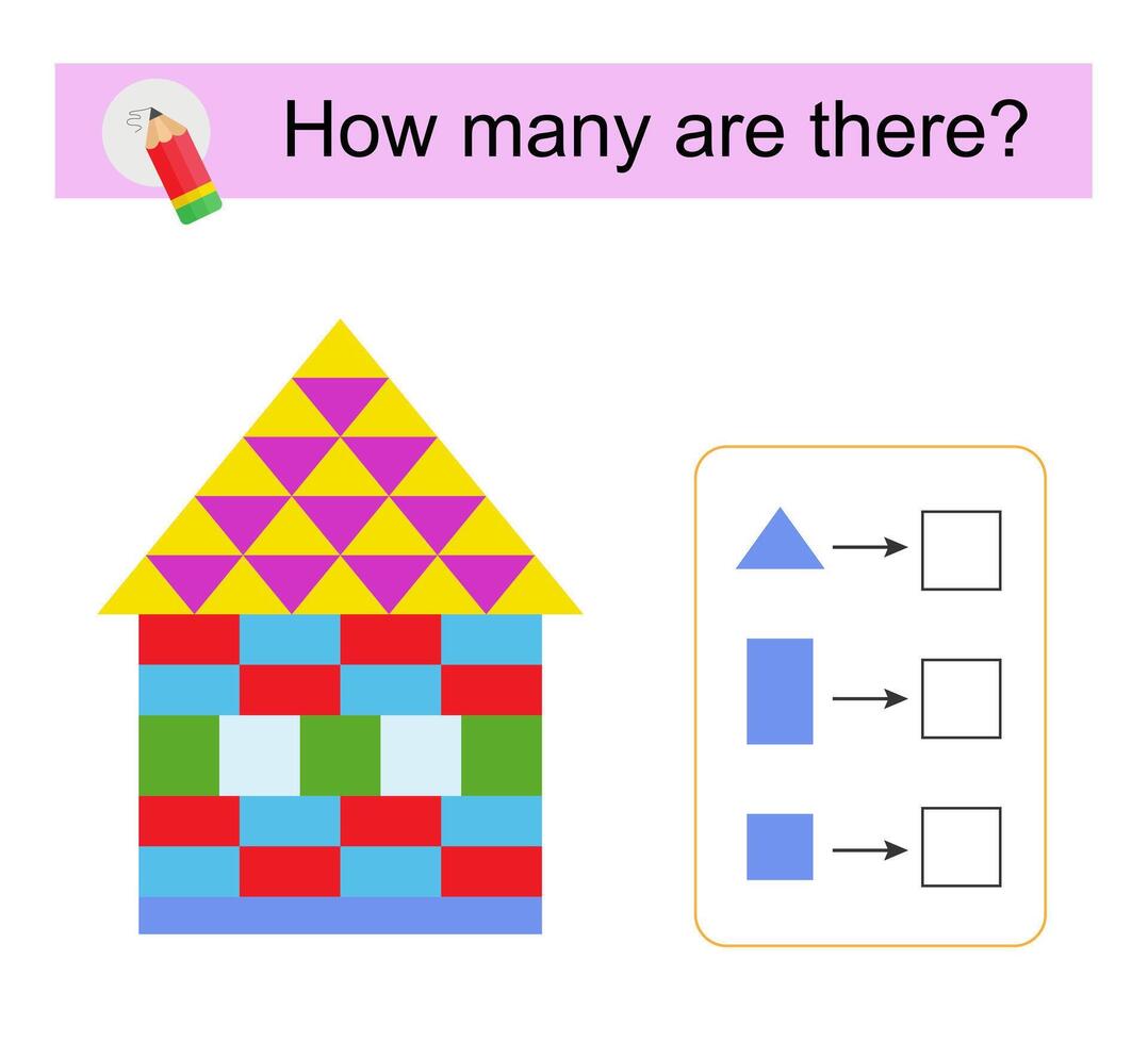 Math activity for kids. How many geometric shap Cartoon house. vector