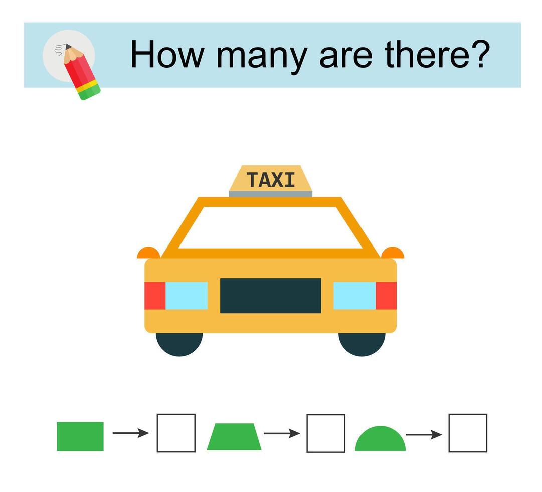 Math activity for kids. How many geometric shapes Cartoon taxi. vector