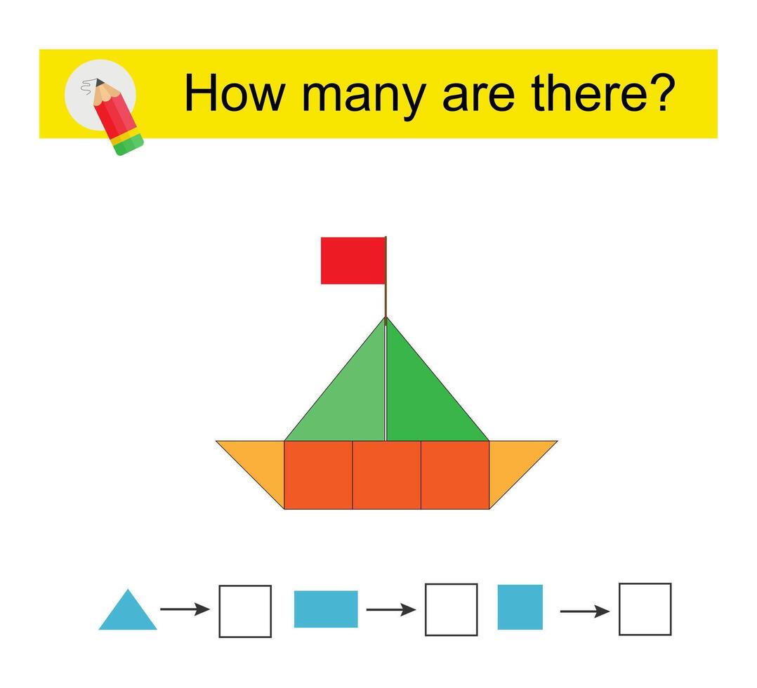 Math activity for kids. How many geometric shapes Cartoon boat paper. vector