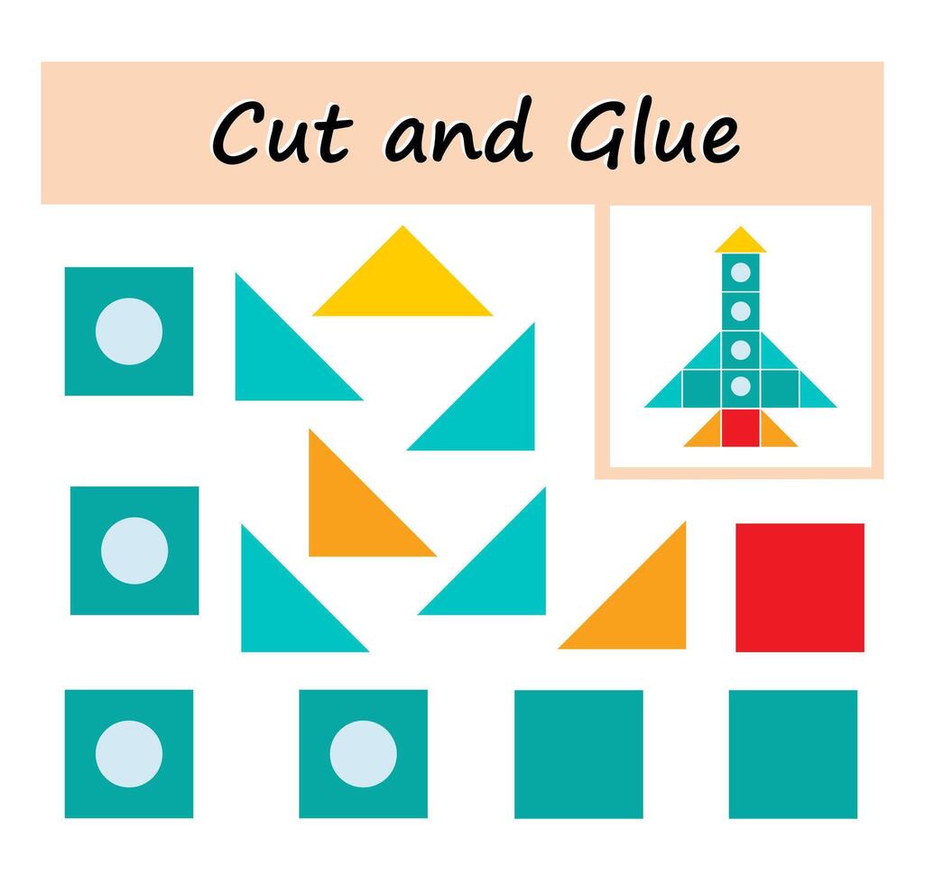 Educational game for children. Cut parts of the image and glue on the paper. DIY worksheet. illustration of rocket from geometric shapes. vector