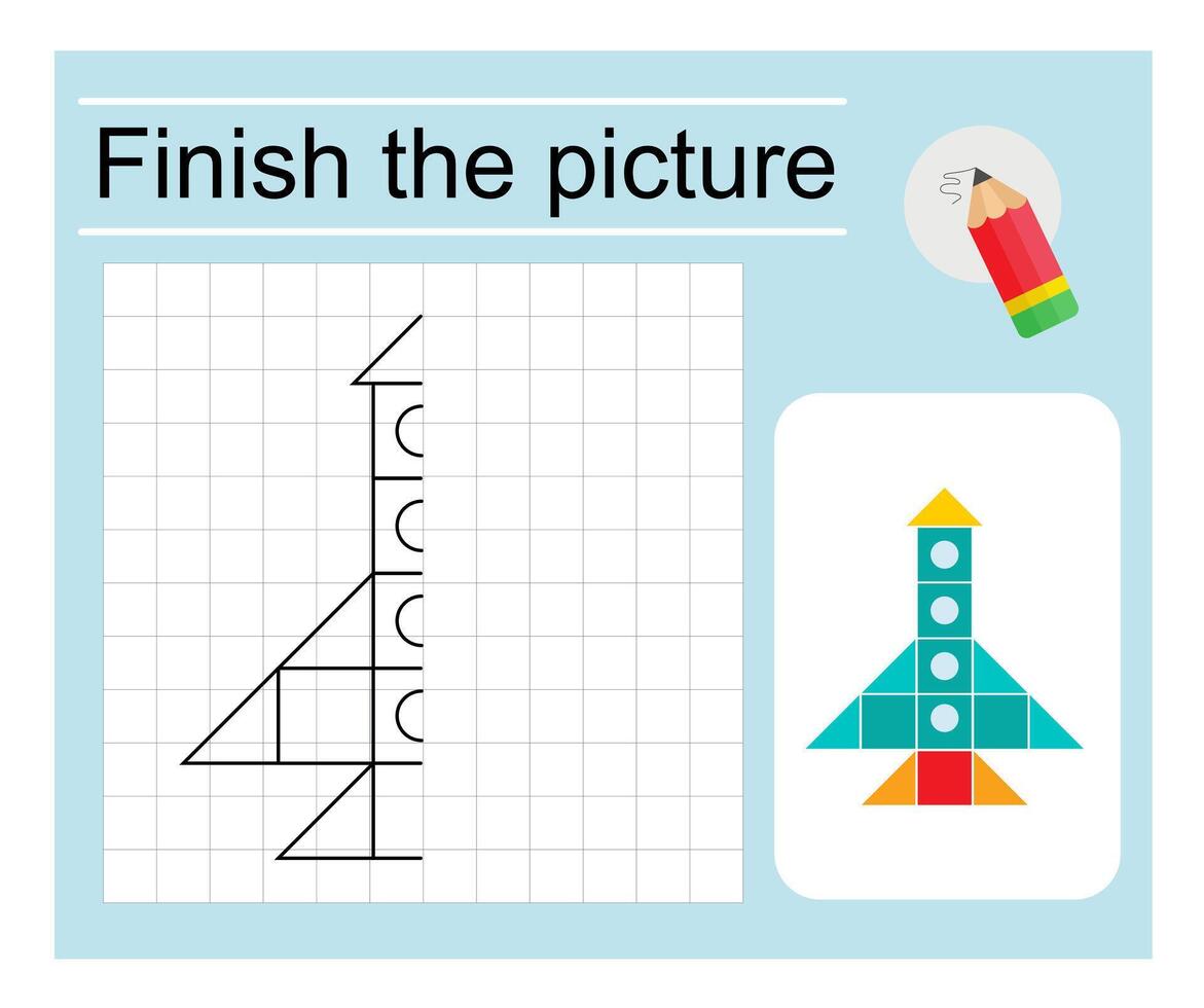 Logic game for children. Finish the picture - cartoon rocketship. Coloring page. vector