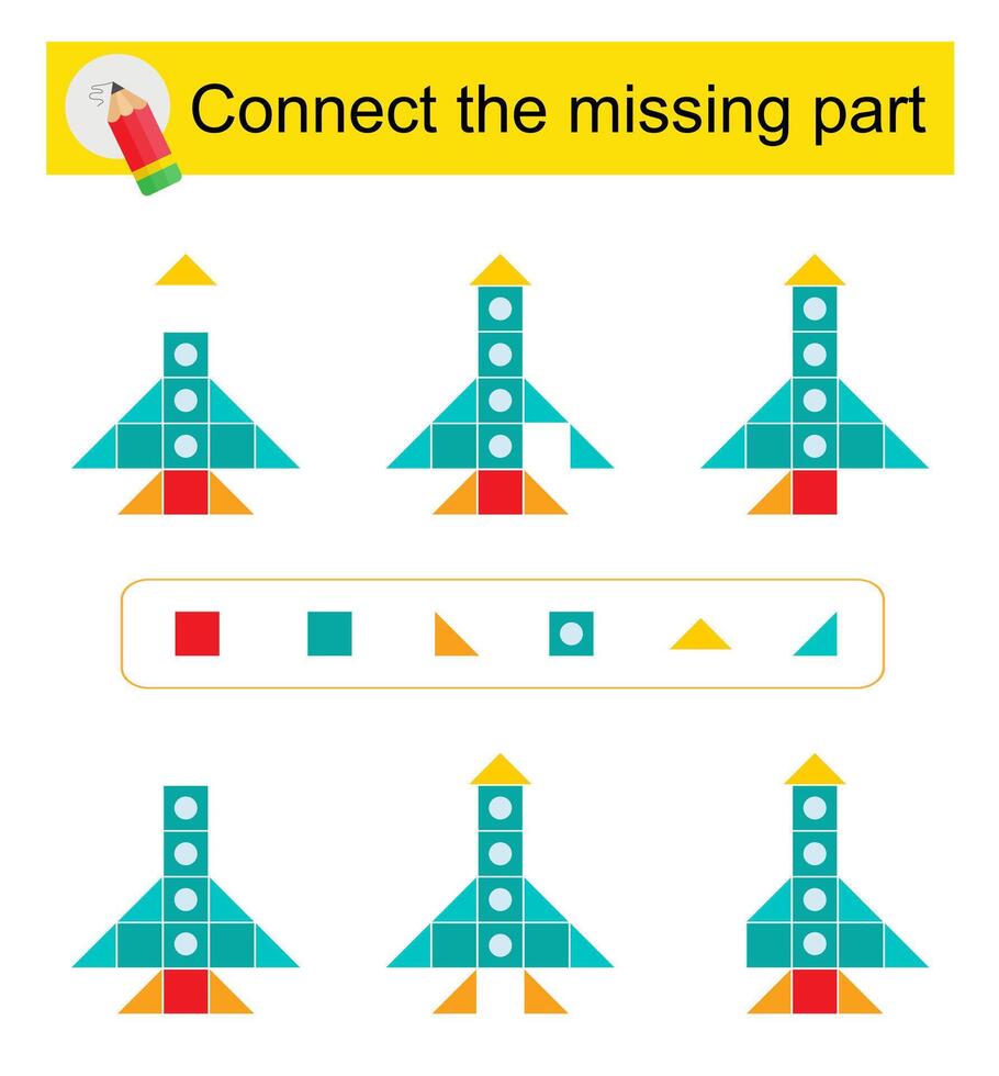 Connect the missing part. Task for the development of attention and logic. Cartoon rocket ship.V vector