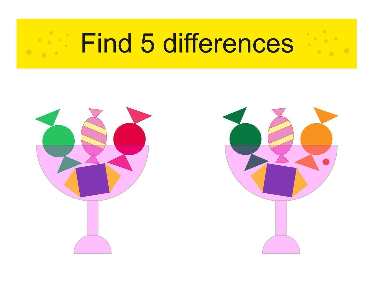 Find 5 differences. Logic puzzle game for kids. Preschool worksheet activity. Cartoon candy, candy bowl vector