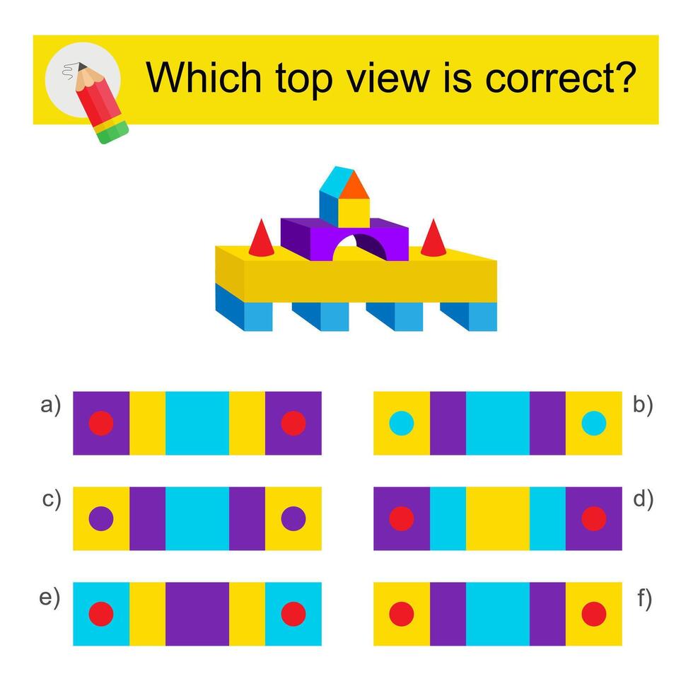 Logic puzzle for kids. Which top view is correct Answer is F. vector