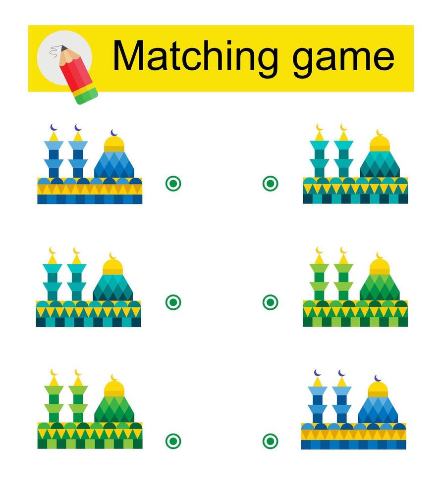 Matching game for kids. Task for the development of attention and logic. illustration of cartoon mosque. vector