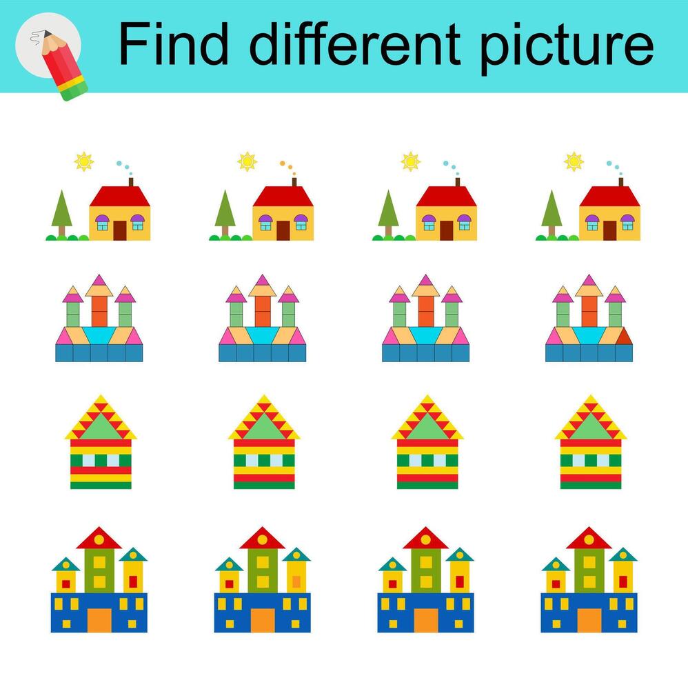 Logic game for children. Find different picture. illustration of the house, castle. vector