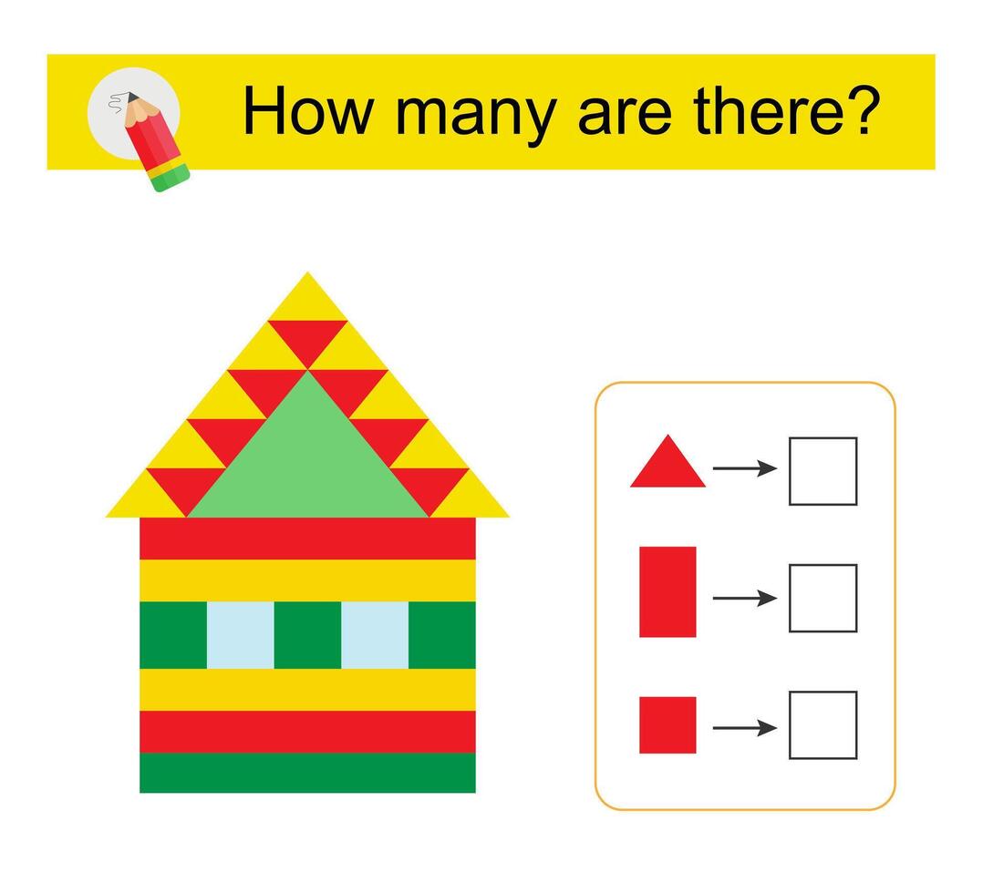 Math activity for kids. How many geometric shapes Cartoon house. vector