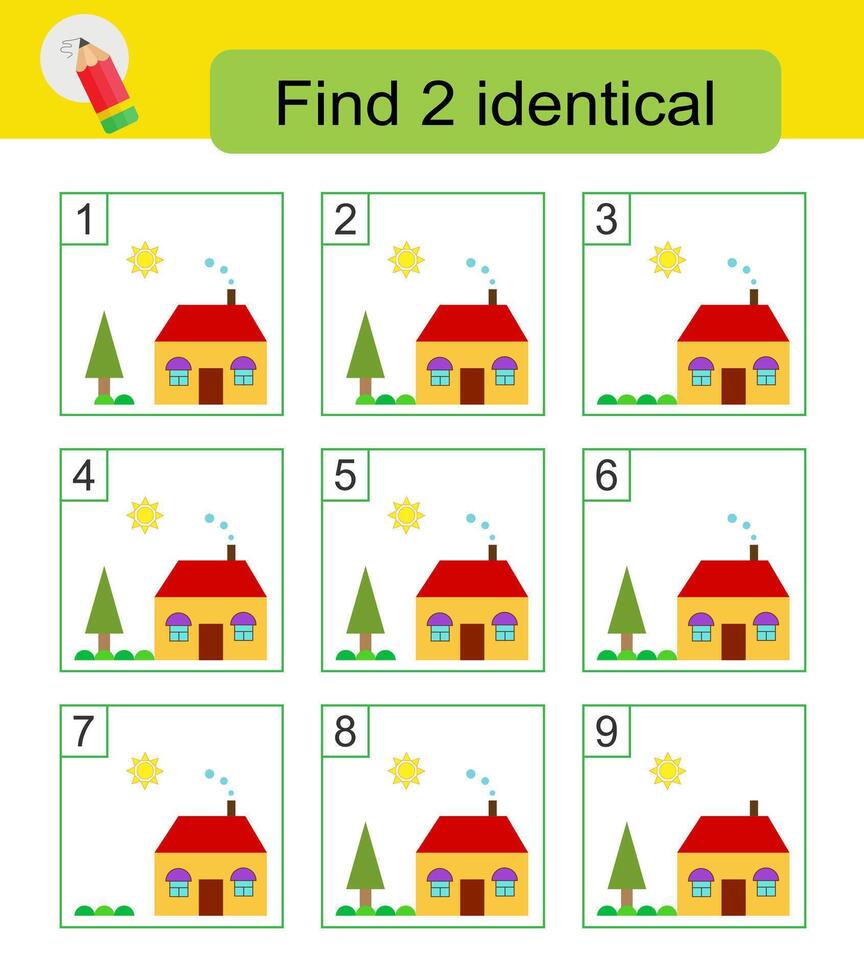 Fun puzzle game. Need to find two identical houses. Answer is 4,8. vector