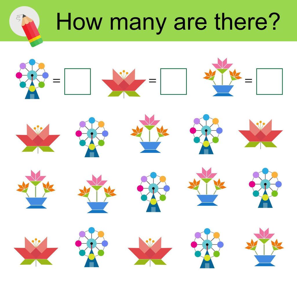 Math activity for kids. Developing numeracy skills. Cartoon flowers and Ferris wheel. vector