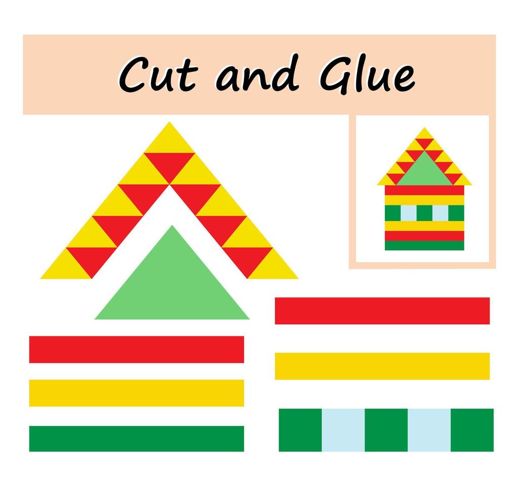 Cut parts of the image and glue on the paper. DIY worksheet. illustration of house from geometric shapes. vector