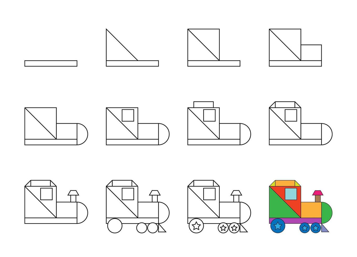 Worksheet easy guide to drawing cartoon locomotive. Simple step-by-step drawing tutorial for kids. vector