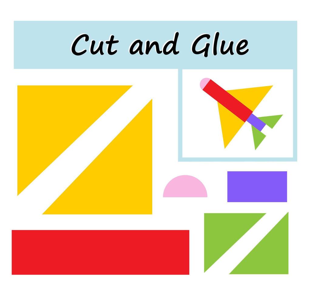 Educational paper game for children. Cut parts of the image and glue on the paper. DIY worksheet. illustration of rocket ship from geometric shapes. vector