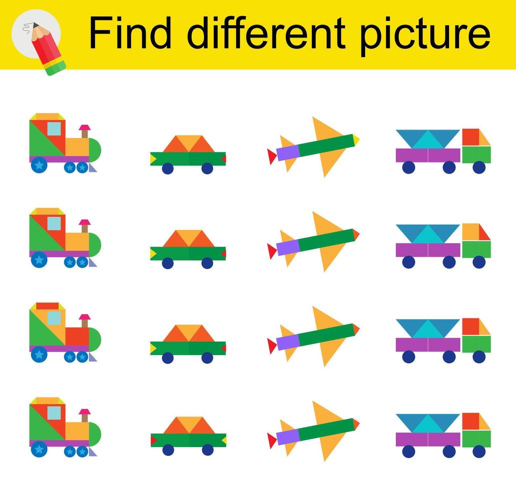 Logic game for children. Find different picture. illustration of the steam locomotive, car, truck, plane. vector