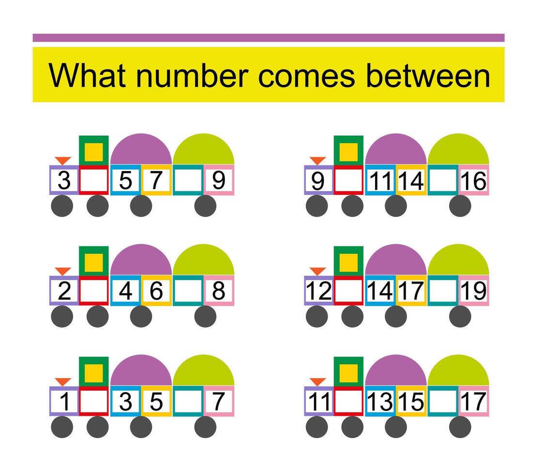 What number comes between Math worksheets for children. Illustration of cartoon train. vector