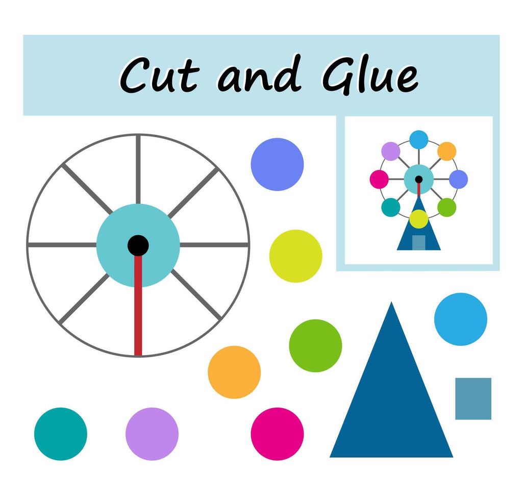 Educational paper game for children. Cut parts of the image and glue on the paper. DIY worksheet. illustration of Ferris wheel. vector