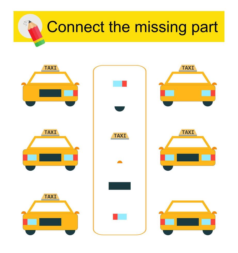 Connect the missing part. Task for the development of attention and logic. Cartoon taxi. vector