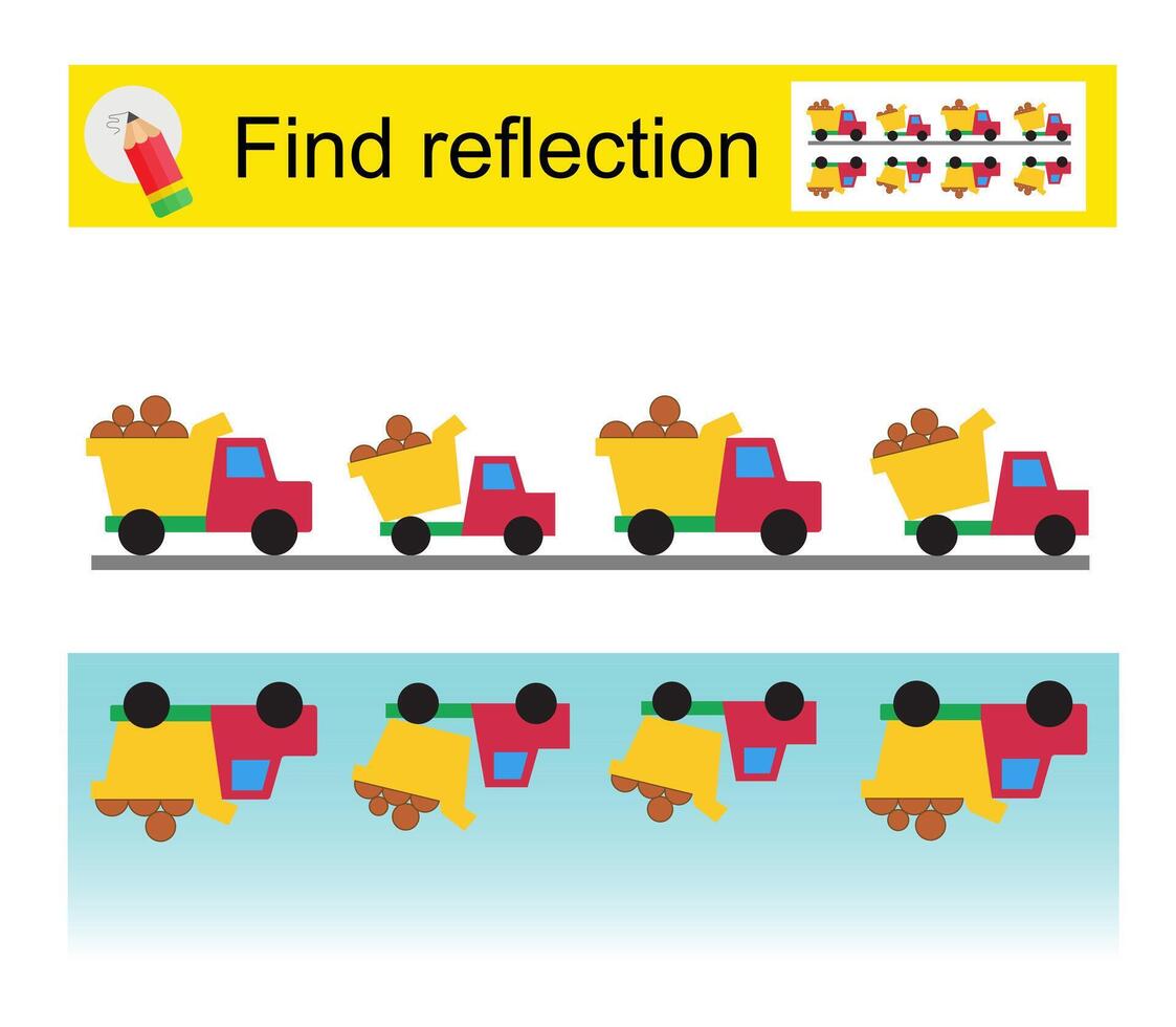 Logic puzzle game for kids. Find correct reflection for each dump truck. cartoon dump trucks. vector