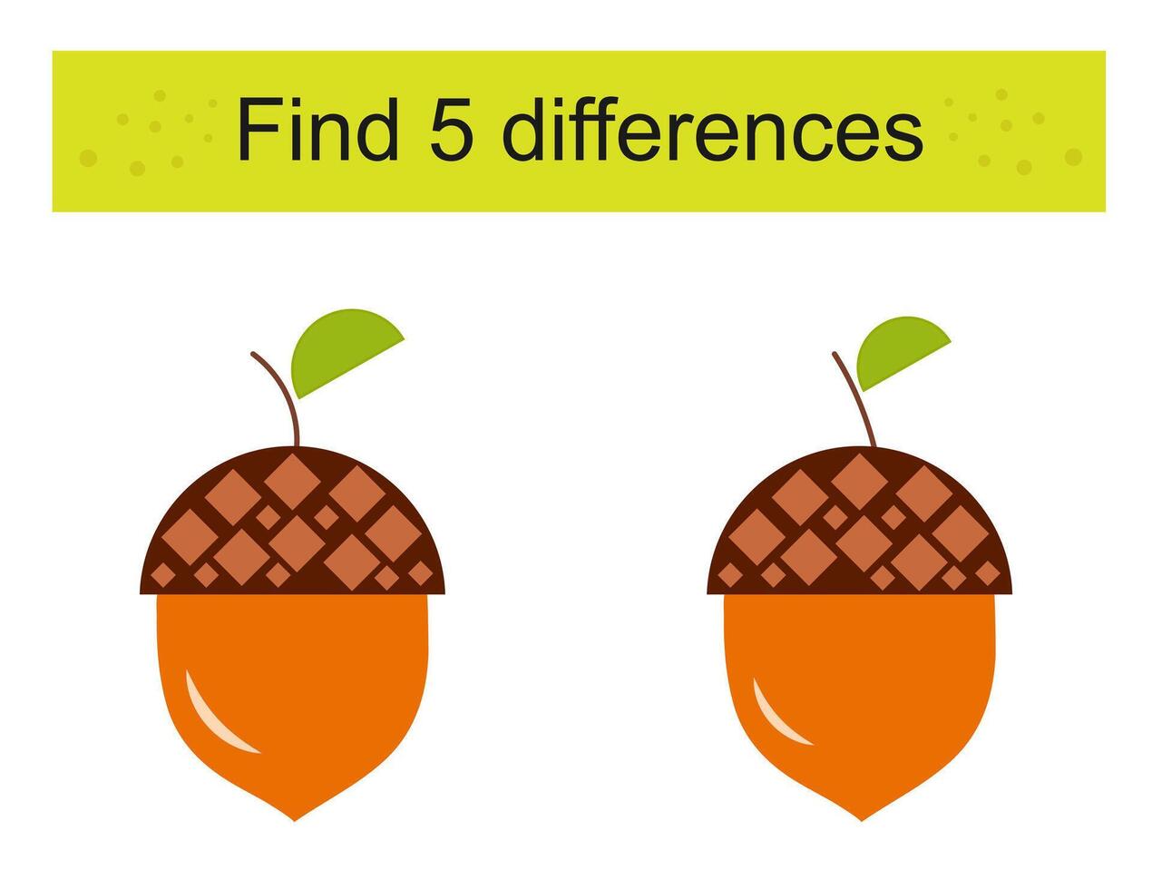 Find 5 differences. Logic puzzle game for children. Cartoon acorn. vector