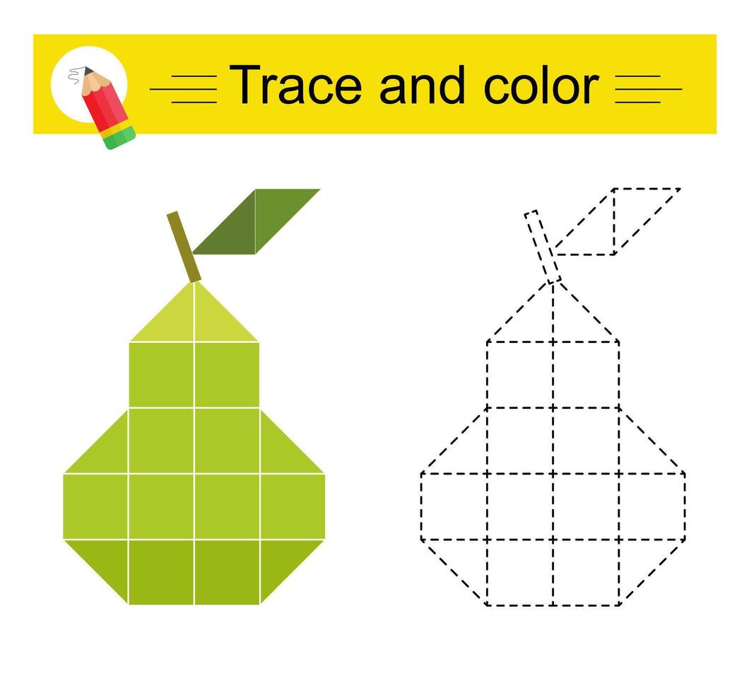 Trace and color for children. Preschool worksheet for practicing fine motor skills. Cartoon pear. vector