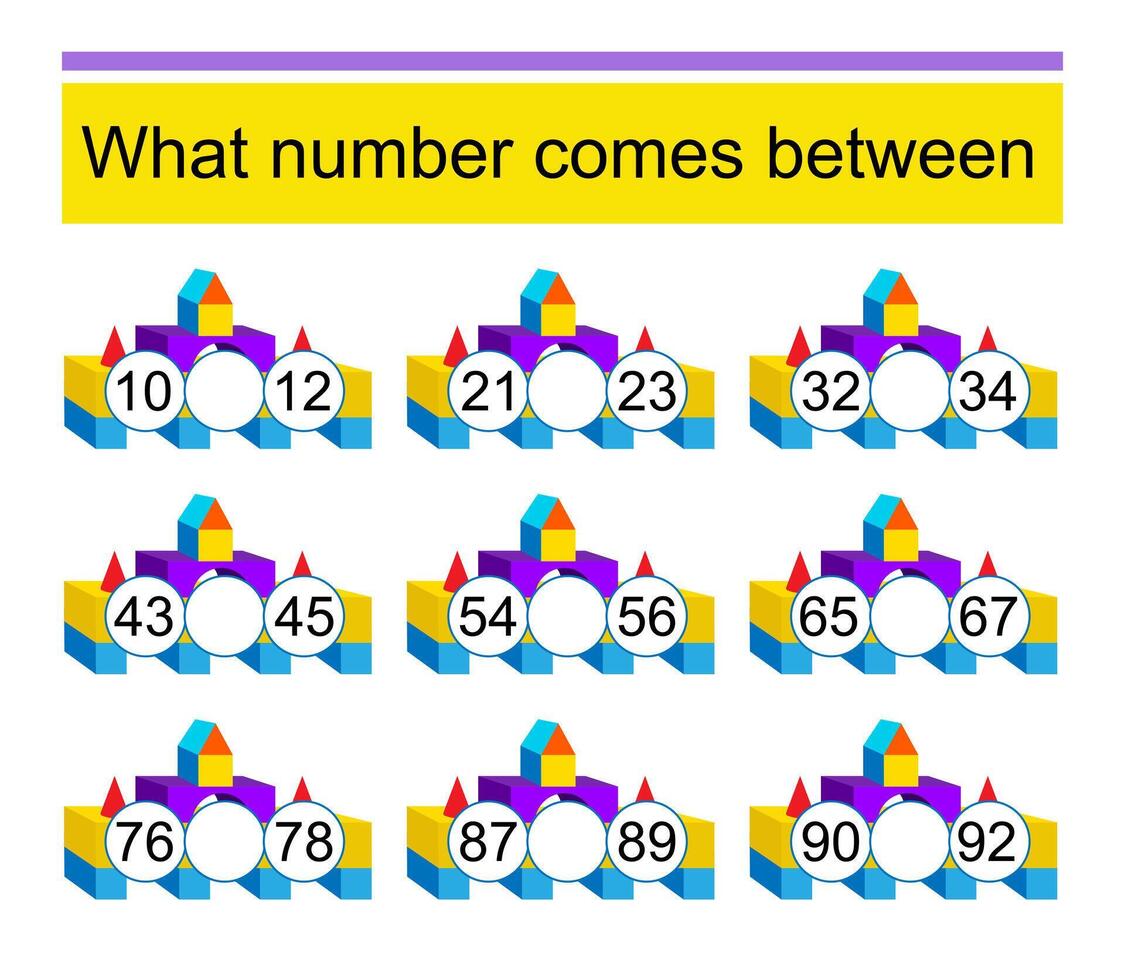 What number comes between Math worksheets for children. Cartoon pyramid. vector