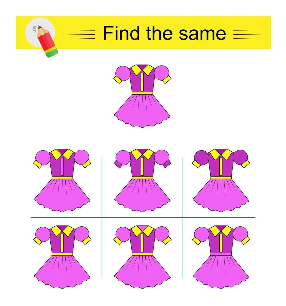 Puzzle game for kids. Attention task. Need to find the same of a dress. vector