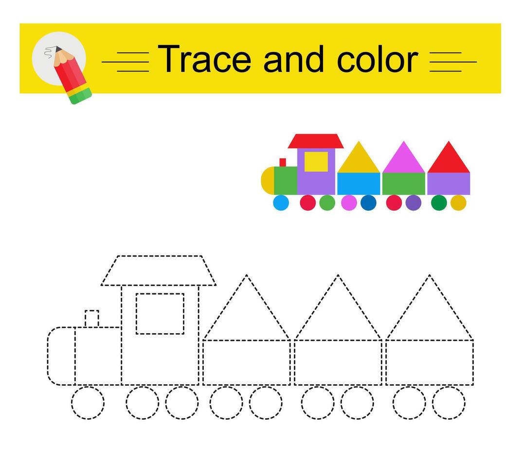 Trace and color for children. Preschool worksheet for practicing fine motor skills. Cartoon train. vector