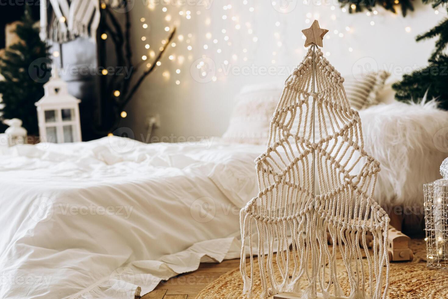 Creative macrame Christmas tree decor in a cozy holiday setting with soft lighting photo