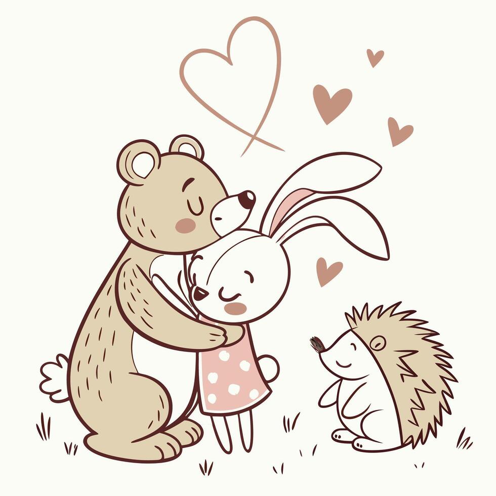 A tender scene unfolds with a cuddly bear embracing a sweet rabbit, both surrounded by floating hearts, all under the watchful eye of a curious hedgehog. vector