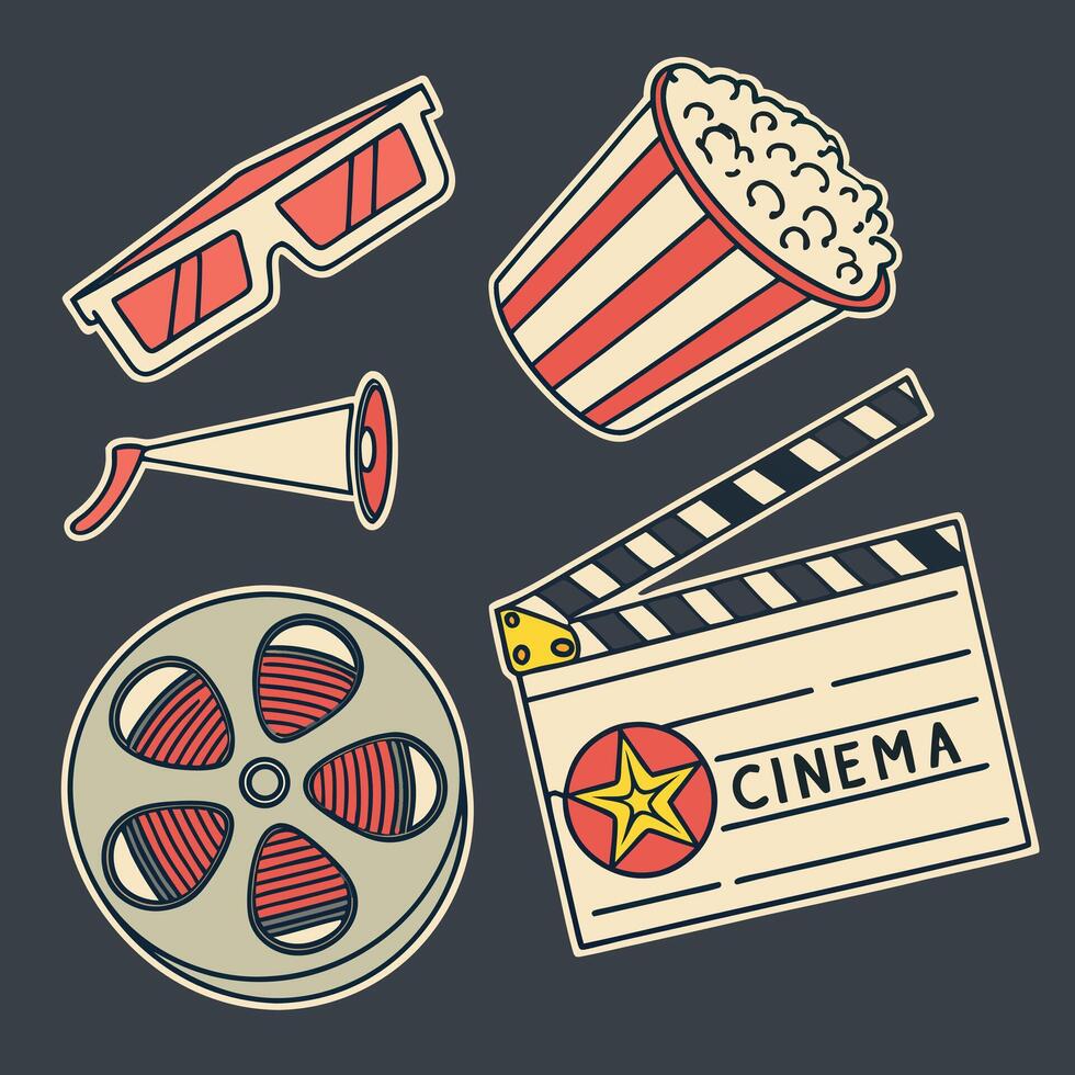 Movie Night Essentials Popcorn, 3D Glasses, Clapperboard, and Film Reel vector