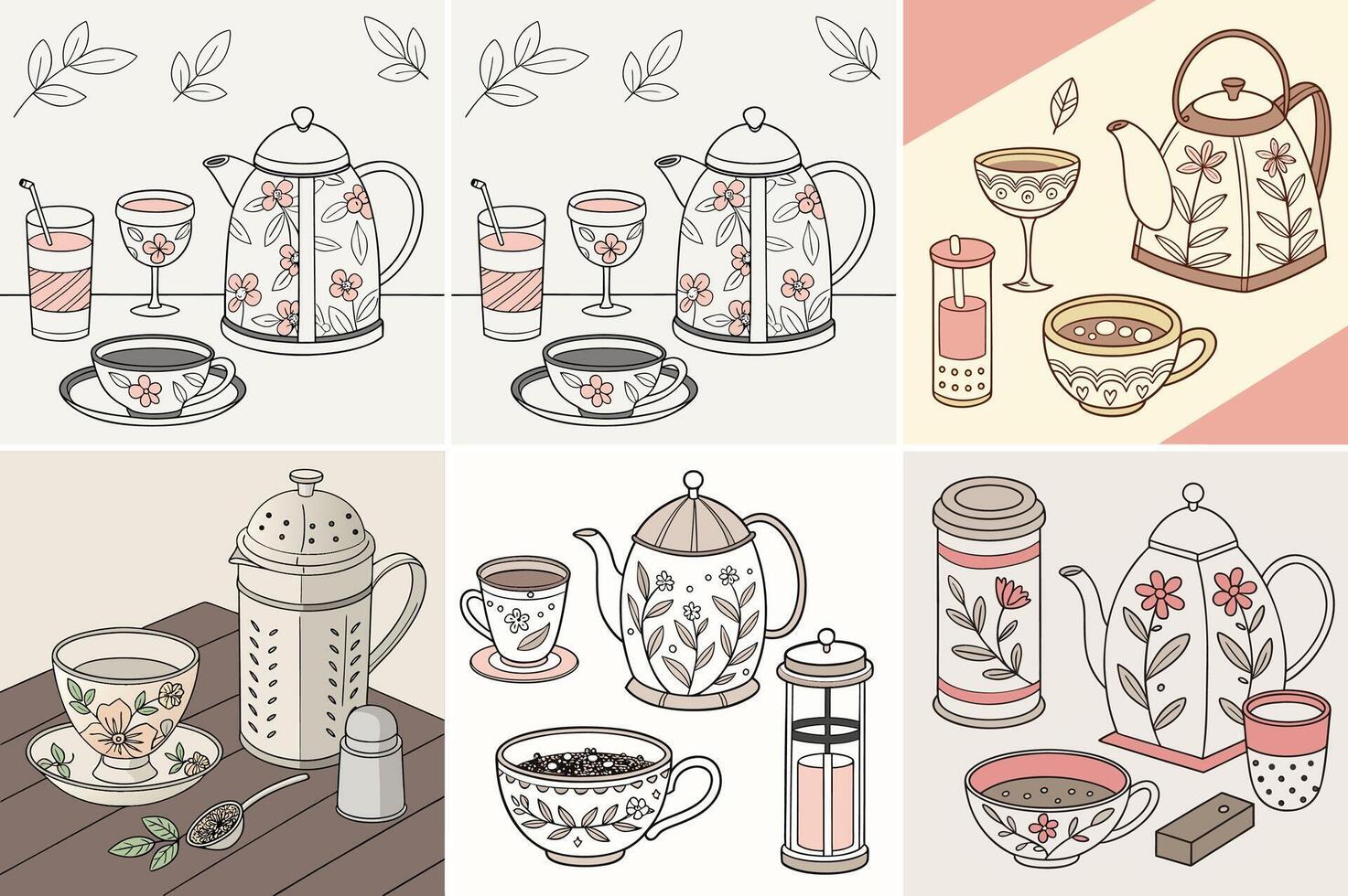 Charming Tea and Coffee Set Illustrations Floral Designs and Cozy Vibes vector