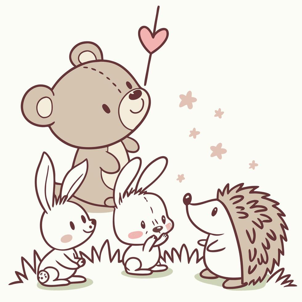 A tender illustration features a heartwarming scene of a teddy bear and playful rabbits and a cute hedgehog together, exchanging love and forming a friendly circle. vector