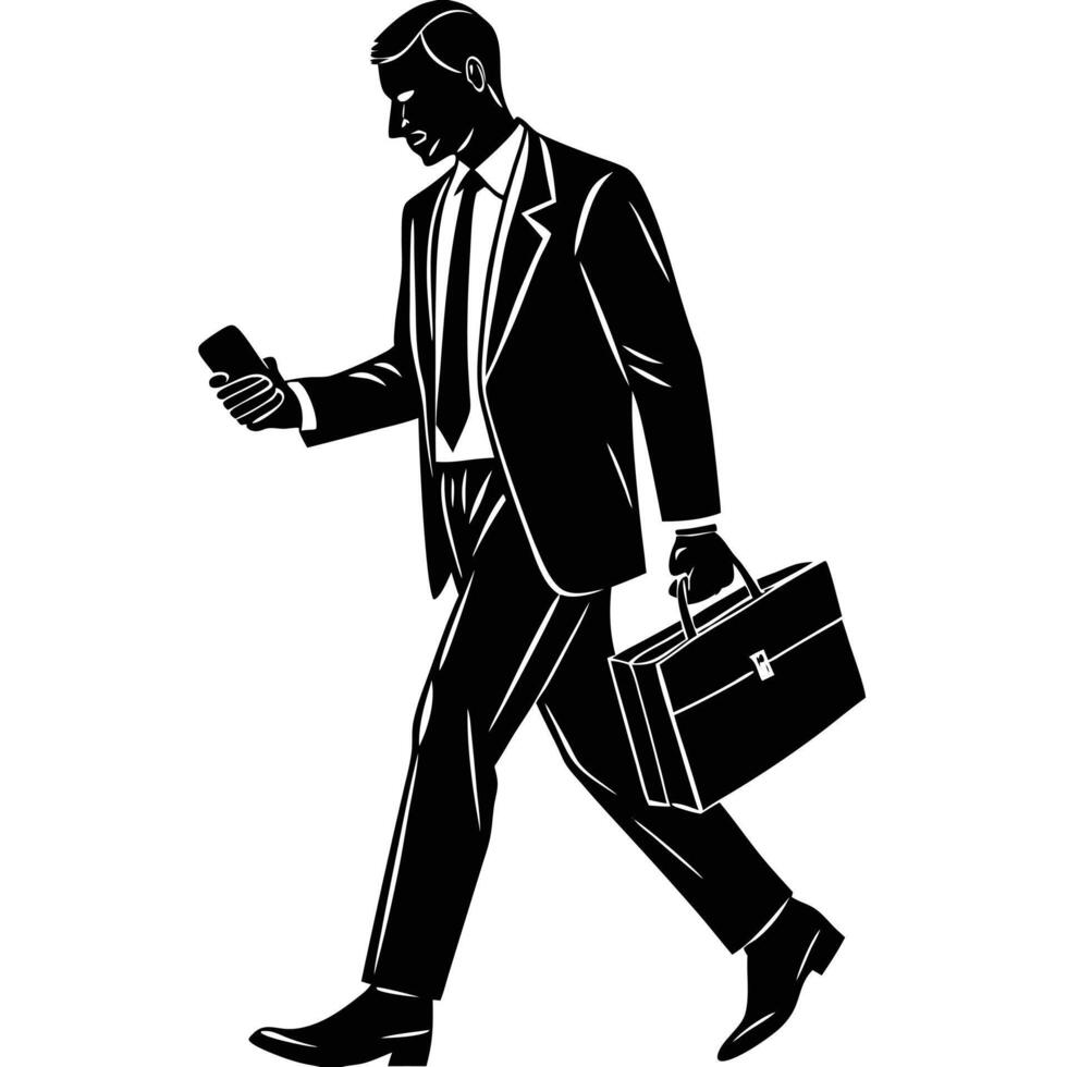 Silhouette of a Businessman Walking and Using Mobile Device . vector