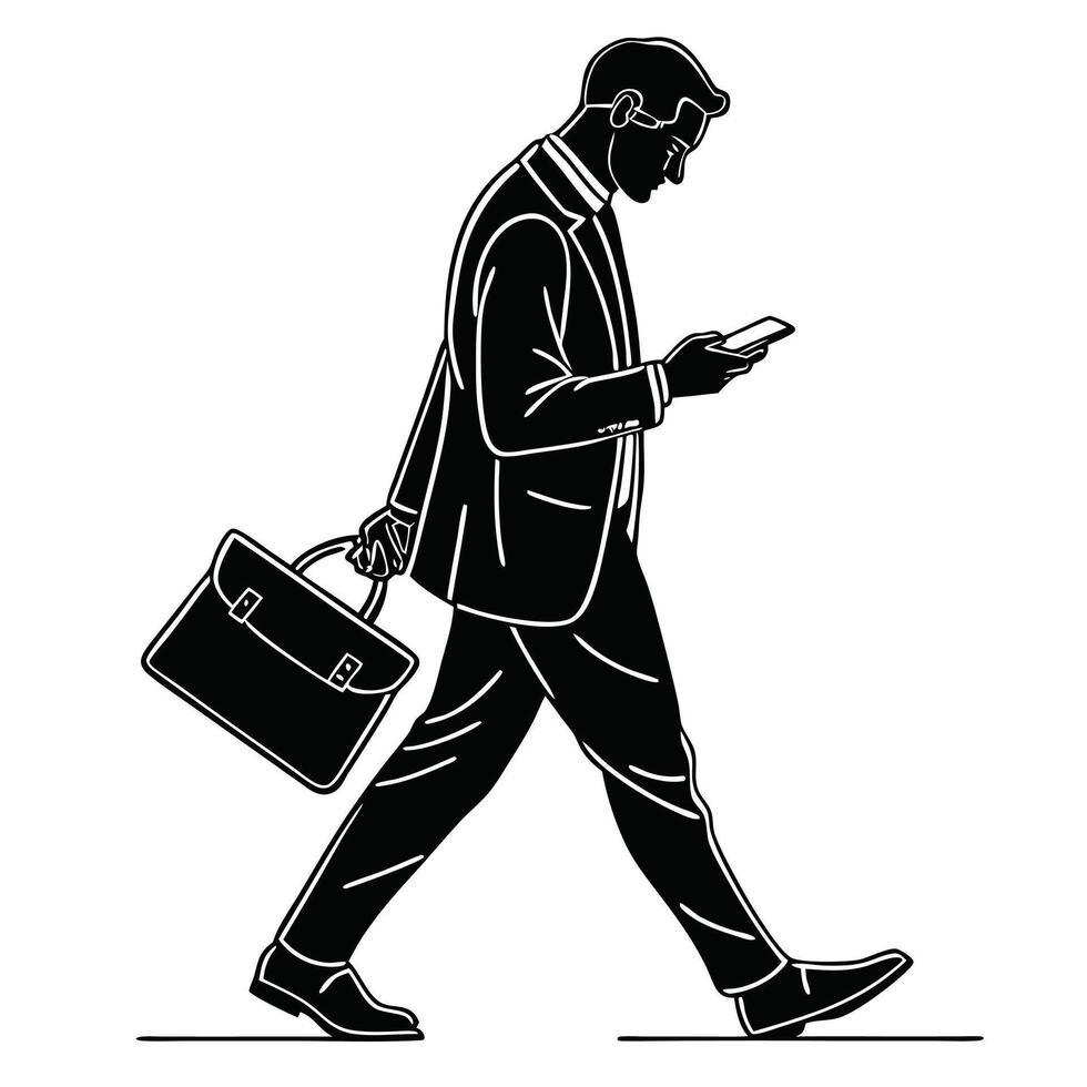 Silhouette ,of a Businessman Walking and Using Mobile Device vector