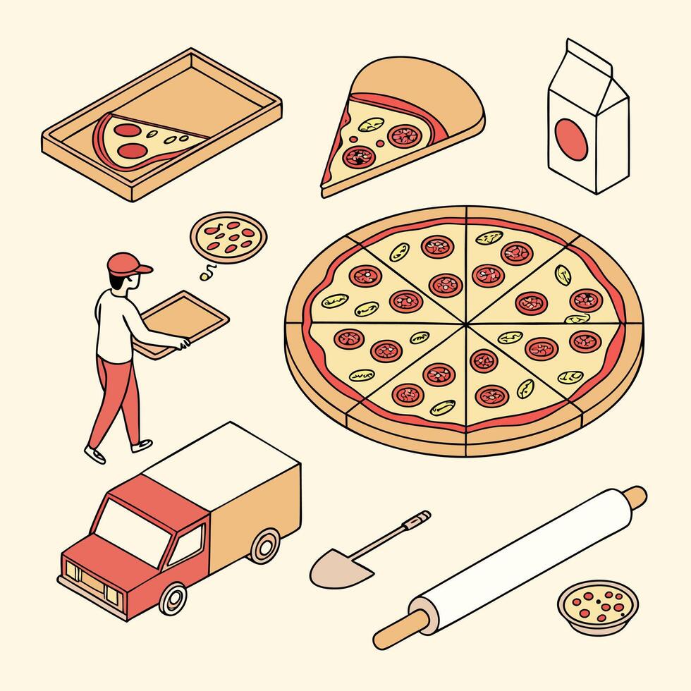 Delicious Pizza Delivery Isometric Illustration of Pizza Making and Delivery Process vector
