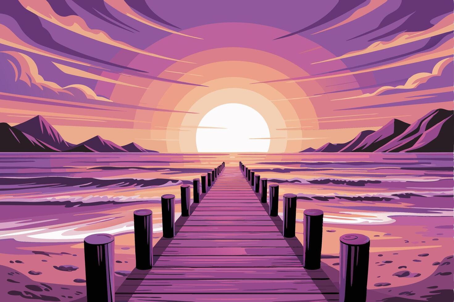 A wooden pier leads to the ocean at sunset vector