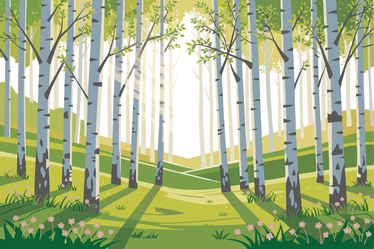 A cartoon illustration of a forest with trees and grass vector