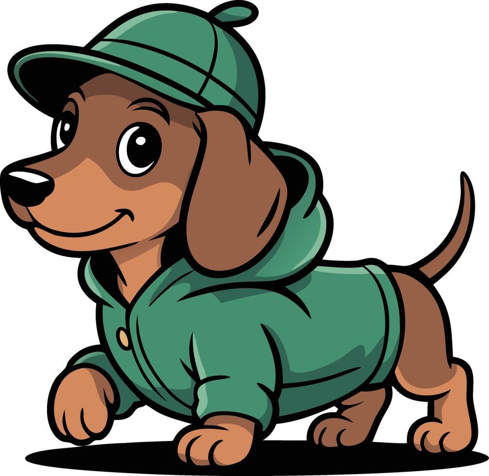 A cartoon dachshund wearing a green jacket and hat vector