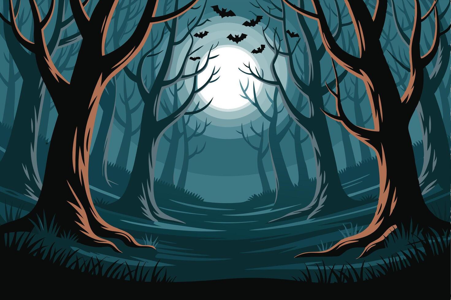 Halloween forest with bats and trees vector