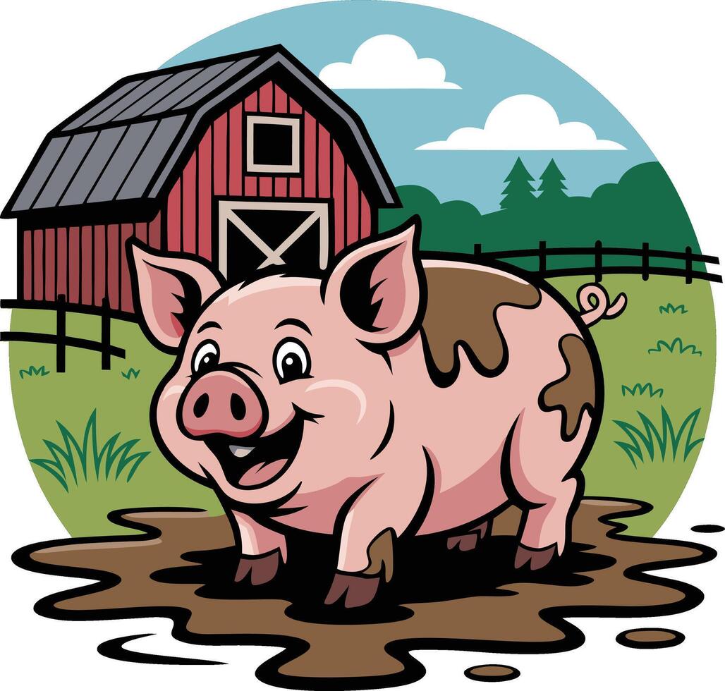 A cartoon pig standing in a puddle of mud vector