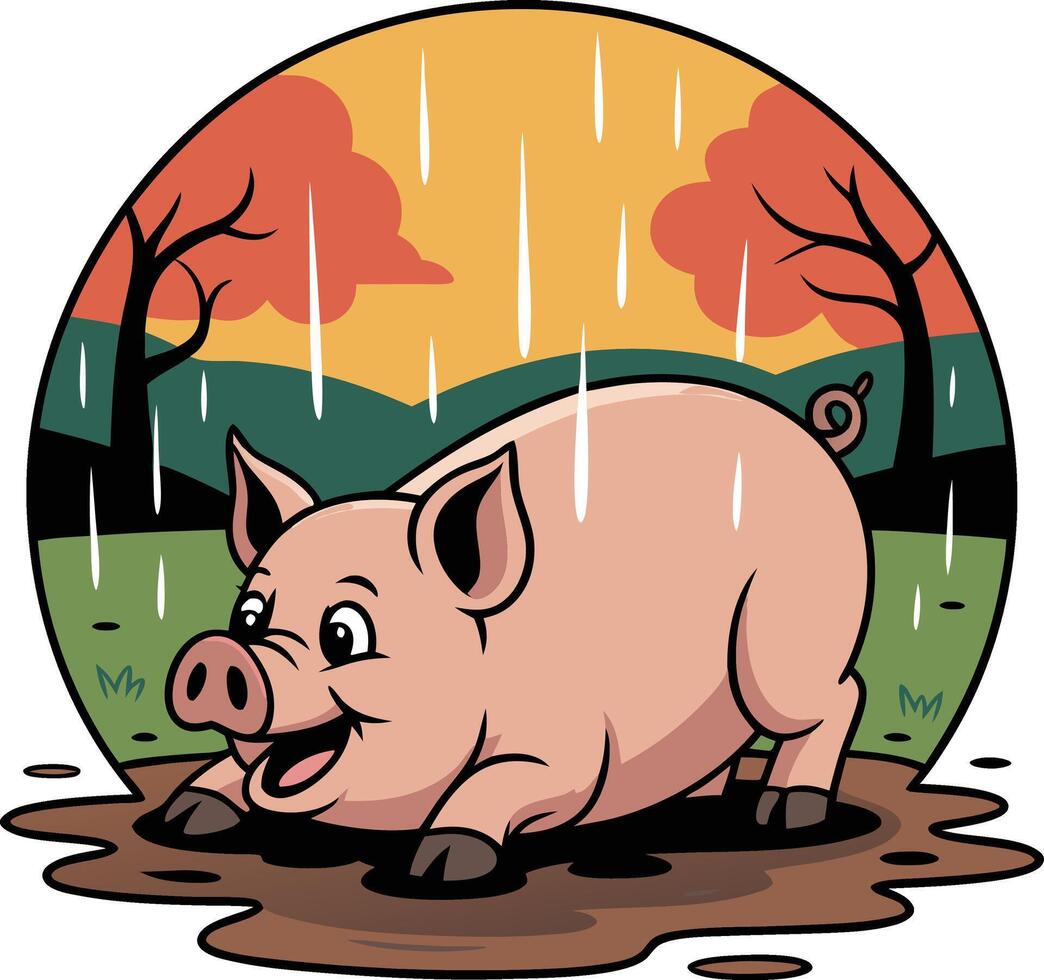 A cartoon pig is standing in a puddle vector