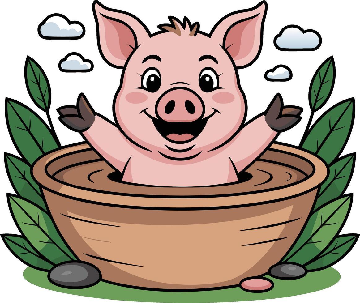 A cartoon pig in a pot with water and leaves vector