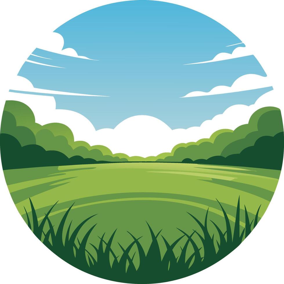 A green field with trees and clouds in the background vector