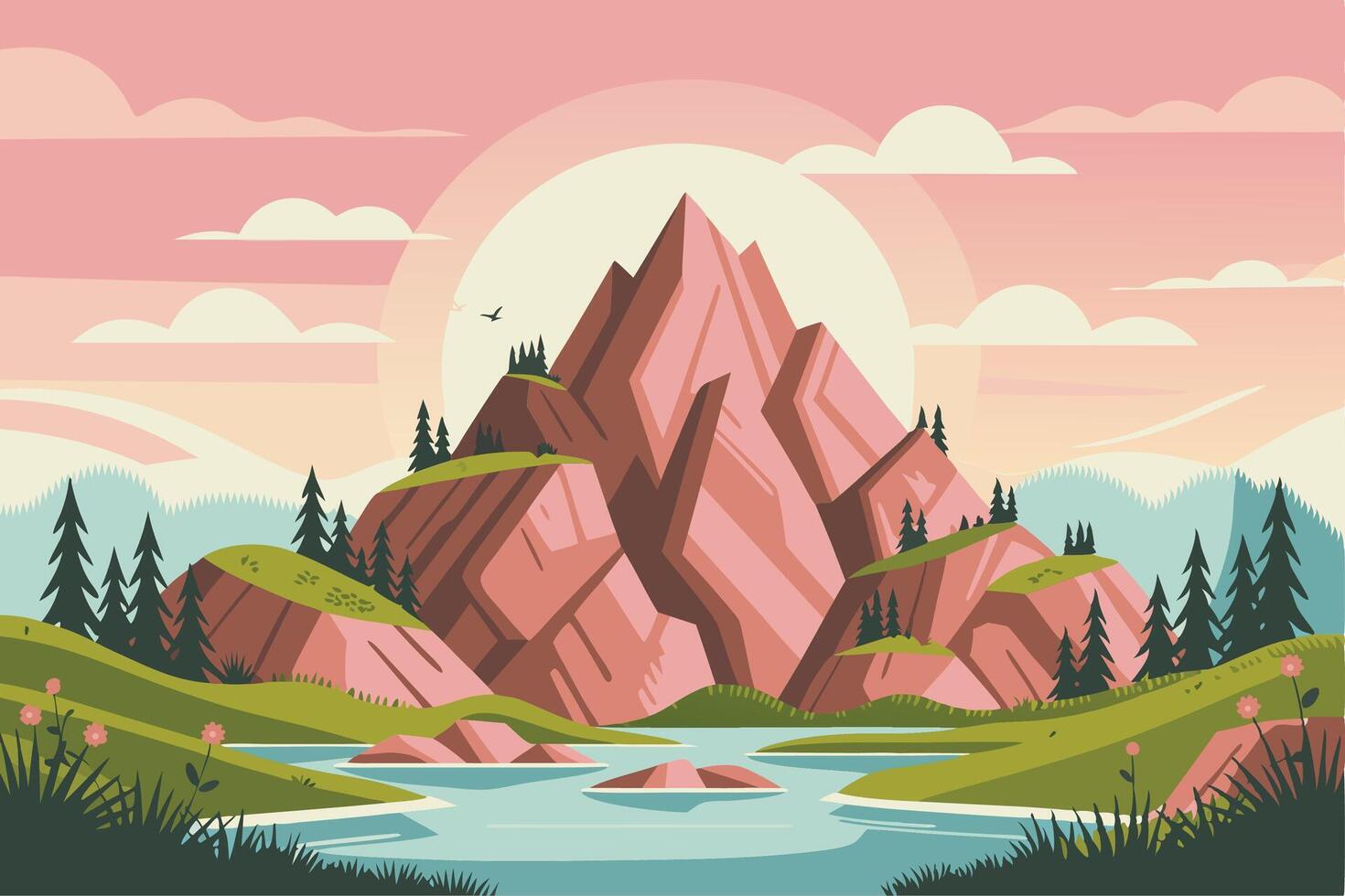 A cartoon mountain landscape with a river and trees vector